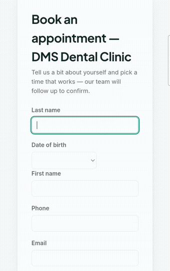 Booking an appointment: entering patient details and picking a preferred date